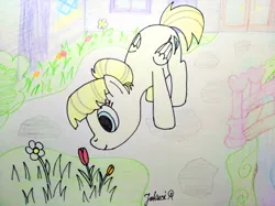 Size: 4032x3016 | Tagged: safe, artist:jakusi, ponerpics import, pegasus, pony, background pony, female, flower, friendship student, garden, grass, hair bun, image, jpeg, leaning, mare, school of friendship, signature, smelling, solo, traditional art, tulip