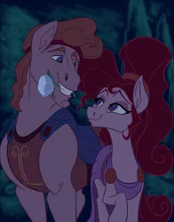 Size: 1414x1800 | Tagged: safe, artist:theabbeyroadie, derpibooru import, ponified, pony, clothes, duo, duo male and female, female, flower, flower in mouth, grin, height difference, hercules, image, jpeg, looking at each other, looking at someone, male, mare, mouth hold, night, shipping, smiling, smiling at each other, socks, stallion, striped socks