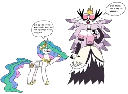 Size: 2828x2091 | Tagged: safe, artist:supahdonarudo, derpibooru import, princess celestia, alicorn, bird, demon, swan, angry, bird demon, boasting, crossover, dialogue, eyes closed, hellaverse, helluva boss, image, png, raised hoof, simple background, speech bubble, stella (helluva boss), text, transparent background