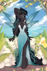 Size: 1366x2048 | Tagged: suggestive, artist:shooshaa, ponerpics import, oc, unofficial characters only, anthro, changeling, breasts, changeling oc, clothes, dress, female, image, jpeg