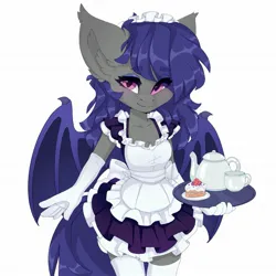 Size: 1835x1835 | Tagged: safe, artist:shooshaa, ponerpics import, oc, unofficial characters only, anthro, bat pony, bat pony oc, bat wings, breasts, clothes, female, food, gloves, image, jpeg, looking at you, maid, wings