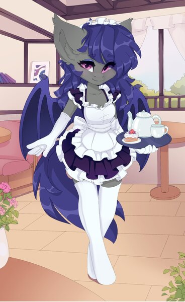 Size: 1256x2048 | Tagged: safe, artist:shooshaa, ponerpics import, oc, unofficial characters only, anthro, bat pony, bat pony oc, bat wings, breasts, clothes, female, food, gloves, image, jpeg, looking at you, maid, socks, wings