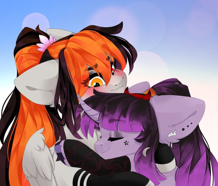 Size: 2048x1747 | Tagged: safe, artist:shooshaa, ponerpics import, oc, unofficial characters only, pony, blushing, duo, eyes closed, female, hug, image, jpeg, mare