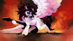 Size: 2560x1440 | Tagged: safe, artist:krapinkaius, derpibooru import, oc, oc:lunylin, unofficial characters only, pegasus, pony, collar, corpse paint, ear piercing, female, female oc, guitar, heterochromia, hoof hold, image, mare, mare oc, musical instrument, open mouth, pegasus oc, pentagram, piercing, png, rainbow rocks 10th anniversary, raised hoof, smoke, spread wings, stage, unshorn fetlocks, wings