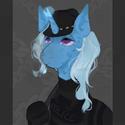 Size: 1296x1296 | Tagged: safe, artist:kaczkokot88, derpibooru import, trixie, pony, unicorn, g4, abstract background, armor, baseball cap, blunt, cap, cheek fluff, clothes, drug use, drugs, ear fluff, female, gun, hat, horn, image, jpeg, magic, mare, marijuana, police, police uniform, rifle, smoking, solo, telekinesis, weapon