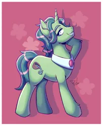 Size: 1780x2185 | Tagged: safe, artist:bkiltersot, derpibooru import, birch bucket, pony, unicorn, g4, cutie mark, flower, horn, image, jewelry, looking at you, male, passepartout, png, red background, rose, simple background, smiling, solo, stallion