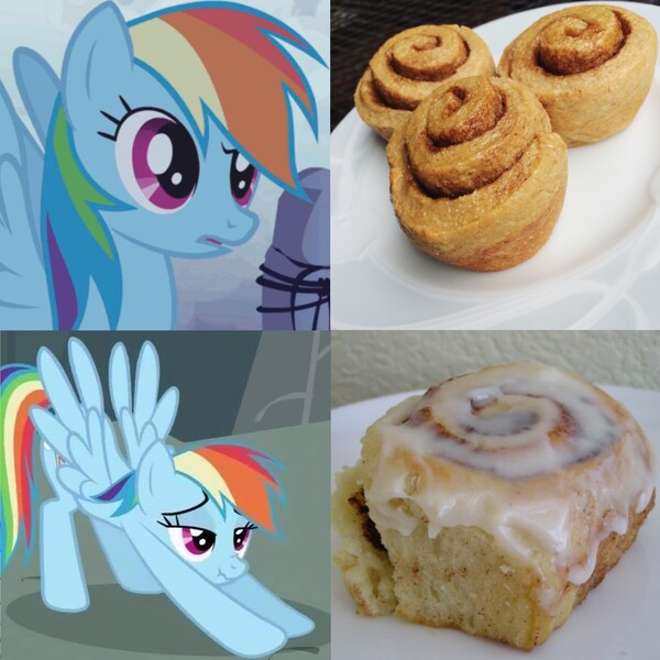 Size: 2048x2048 | Tagged: suggestive, derpibooru import, edit, edited screencap, screencap, rainbow dash, pegasus, pony, friendship is magic, g4, may the best pet win, cinnamon bun, comparison, comparison chart, confused, cropped, female, fog, food, frosting, image, implied cum, implied ejaculation, irl, iwtcird, jpeg, mare, meme, open mouth, photo, plate, reaction, scrunchy face, spread wings, stretching, wings