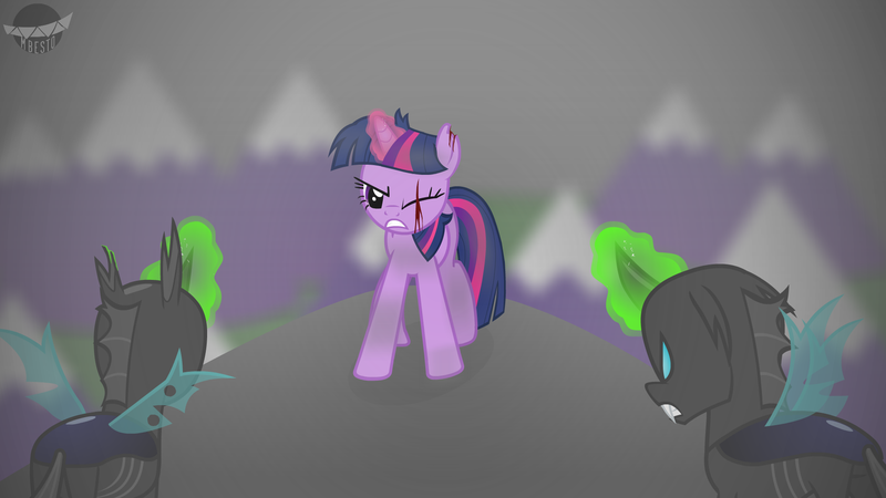 Size: 1920x1080 | Tagged: semi-grimdark, derpibooru import, twilight sparkle, changeling, pony, unicorn, g4, angry, blood, cloud, cloudy, cyan eyes, damaged, dark, dark skin, evil, eye scar, facial scar, female, fog, horn, image, magic, magic aura, mare, mountain, png, purple eyes, purple skin, scar