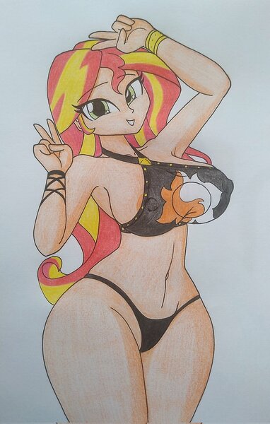 Size: 1305x2048 | Tagged: questionable, artist:spartanmora, derpibooru import, sunset shimmer, human, equestria girls, g4, accidental exposure, areola, areola slip, armpits, belly, belly button, big breasts, bikini, black bikini, bracelet, breasts, busty sunset shimmer, clothes, curvy, cutie mark, cutie mark on clothes, erect nipples, eye clipping through hair, eyebrows visible through hair, female, gray background, happy, hourglass figure, humanized, image, jewelry, jpeg, looking at you, nipple outline, oblivious, paper background, peace sign, pose, sideboob, simple background, skindentation, smiling, smiling at you, solo, sunset shimmer swimsuit, sunset shimmer's beach shorts swimsuit, swimsuit, wide hips