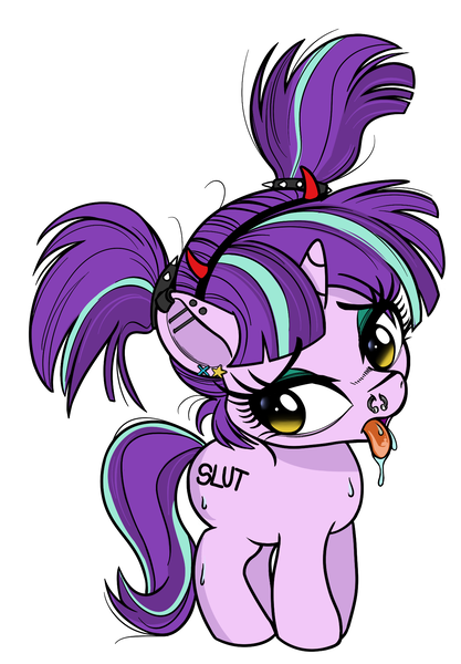 Size: 1245x1790 | Tagged: suggestive, artist:coinpo, derpibooru import, starlight glimmer, pony, unicorn, body writing, clothes, costume, devil horns, drool, ear piercing, eyeshadow, female, filly, filly starlight glimmer, foal, foalcon, glimmy, green eyeshadow, headband, horn, horns, image, makeup, nose piercing, piercing, pigtails, png, solo, spiked hairband, tongue out, underage, younger