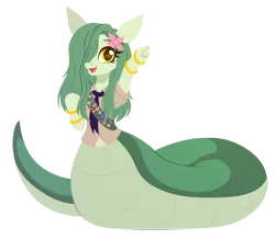 Size: 4106x3579 | Tagged: safe, artist:belka-sempai, derpibooru import, oc, oc:lamey, unofficial characters only, lamia, original species, big tail, bracelet, flower, flower in hair, hair over one eye, image, jewelry, long hair, looking at you, merit badge, png, scout uniform, smiling, smiling at you, solo, tail, thick tail, waving, waving at you, wide hips