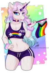 Size: 1567x2351 | Tagged: suggestive, artist:stainedglasslighthea, ponerpics import, oc, unofficial characters only, anthro, bra, breasts, cleavage, clothes, crop top bra, female, gay pride flag, image, looking at you, passepartout, png, pride, pride flag, shitstain pride flag, shorts, underwear