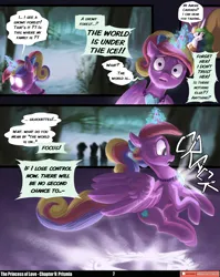 Size: 3541x4440 | Tagged: safe, artist:angusdra, artist:lummh, derpibooru import, princess cadance, princess celestia, prismia, alicorn, pony, comic:the princess of love, g4, bed, blurry background, comic, crown, female, floating, glow, glowing horn, high res, horn, ice, image, jewelry, magic, mare, necklace, pendant, peytral, png, regalia, snow, speech bubble, teen princess cadance, telepathy, thought bubble, tree, wings, younger