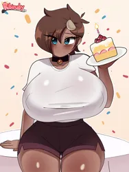 Size: 3000x4000 | Tagged: suggestive, artist:ribiruby, derpibooru import, oc, oc:ruby big heart, unofficial characters only, human, equestria girls, g4, big breasts, blushing, breasts, cake, candle, clothes, collar, confetti, cow horns, dish, equestria girls-ified, erect nipples, eye clipping through hair, female, food, gradient background, hair over one eye, happy, happy birthday, holding, horns, huge breasts, image, impossibly large breasts, looking at you, nipple outline, png, shorts, sitting, smiling, solo, solo female, table, wide hips