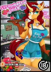 Size: 1614x2283 | Tagged: suggestive, artist:stainedglasslighthea, ponerpics import, oc, oc:stained glass light heart, unofficial characters only, anthro, comic:strawberry juice, apron, breasts, clothes, female, image, naked apron, png, socks (coat marking)