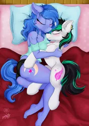 Size: 904x1280 | Tagged: suggestive, artist:stainedglasslighthea, ponerpics import, oc, oc:shadow blue, unofficial characters only, anthro, pony, anthro with ponies, bed, blushing, breasts, clothes, cuddling, duo male and female, eyes closed, feet, female, image, jpeg, lying down, male, on bed, side, sleeping, stallion