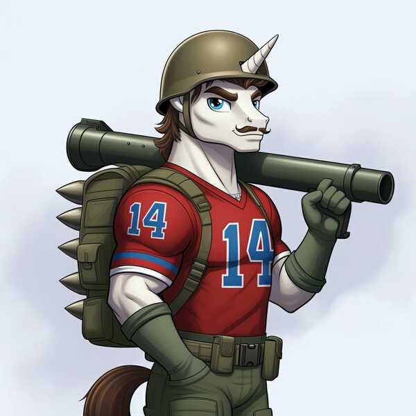 Size: 1024x1024 | Tagged: safe, ai content, derpibooru import, generator:google imagen 3.0, machine learning generated, prompter:zerowinger, hondo flanks, anthro, unicorn, g4, backpack, bazooka (gi joe), clothes, cosplay, costume, football jersey, g.i. joe, gloves, helmet, horn, image, jpeg, male, rocket launcher, simple background, solo, weapon