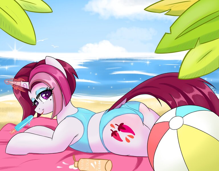 Size: 3000x2341 | Tagged: suggestive, alternate version, artist:marbatra, derpibooru import, cayenne, unicorn, beach, beach ball, cameltoe, clothes, dock, eating, food, horn, ice cream, image, jpeg, sunscreen, swimsuit, tail, towel