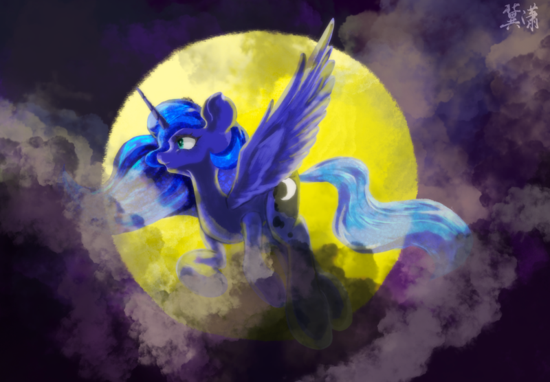 Size: 2360x1640 | Tagged: safe, artist:genial.潇, derpibooru import, princess luna, alicorn, pony, cloud, cloudy, female, flying, full moon, image, mare, moon, night, png, solo, spread wings, wings