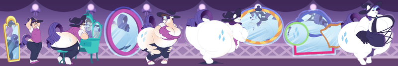 Size: 4703x783 | Tagged: suggestive, artist:vetoknox, derpibooru import, rarity, anthro, human, unguligrade anthro, unicorn, g4, bbw, belly, big belly, big breasts, bingo wings, bodice, breast hold, breasts, busty rarity, butt, butt expansion, chubby cheeks, cleavage, clothes, commission, dresser, extra thicc, fat, featureless breasts, glasses, gloves, glow, glowing horn, growth, happy, hat, horn, huge belly, huge breasts, huge butt, human male, human to anthro, image, impossibly large butt, large butt, levitation, loincloth, looking at self, looking at you, looking back, magic, male, male to female, mirror, obese, onomatopoeia, open mouth, open smile, pants, png, raritubby, rearity, reflection, ripping clothes, rule 63, shirt, smiling, socks, solo, telekinesis, torn clothes, transformation, transformation sequence, transgender transformation, weight gain, weight gain sequence, witch hat, wobbling