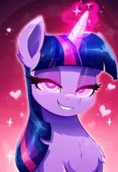 Size: 832x1216 | Tagged: safe, ai content, anonymous prompter, derpibooru import, machine learning generated, twilight sparkle, pony, bust, chest fluff, ear fluff, female, heart, heart eyes, image, lidded eyes, lip bite, looking at you, magic, mare, png, smiling, solo, wingding eyes