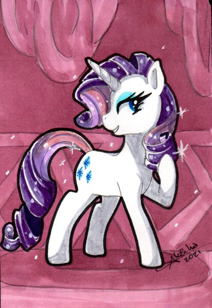 Size: 768x1117 | Tagged: safe, artist:fleiiha, derpibooru import, rarity, pony, unicorn, g4, female, horn, image, jpeg, mare, marker drawing, simple background, smiling, solo, traditional art