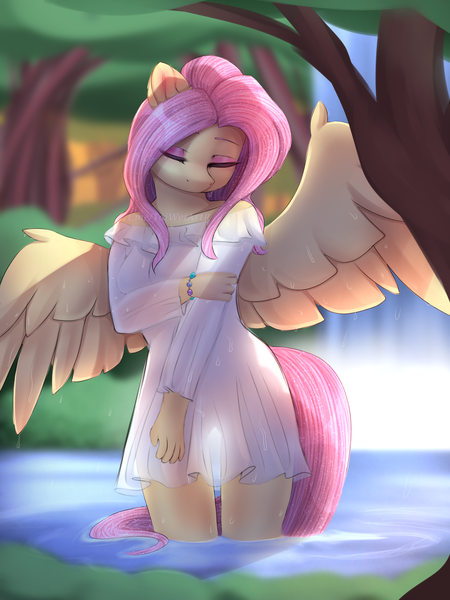 Size: 2304x3072 | Tagged: artist needed, safe, artist:taiweiart, derpibooru import, fluttershy, anthro, pegasus, g4, clothes, dress, eyeshadow, female, frilly dress, image, makeup, partially submerged, png, see-through, see-through dress, solo, spread wings, standing in water, submerged, tree, water, waterfall, wet, wet dress, wet mane, wings