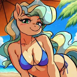 Size: 2496x2496 | Tagged: suggestive, ai content, derpibooru import, machine learning generated, prompter:bendy and boney, stable diffusion, vapor trail, anthro, pegasus, g4, bikini, breasts, clothes, eyebrows, eyebrows visible through hair, generator:pony diffusion v6 xl, image, looking at you, outdoors, png, smiling, smiling at you, smirk, solo, sultry pose, swimsuit, wingless, wingless anthro