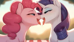 Size: 2688x1536 | Tagged: suggestive, ai content, derpibooru import, machine learning generated, prompter:clopxie, stable diffusion, pinkie pie, rarity, earth pony, pony, unicorn, g4, bedroom eyes, blurry background, boop, close-up, drool, drool string, duo, duo female, ear fluff, eyelashes, eyeshadow, female, females only, french kiss, generator:pony diffusion v6 xl, horn, image, kissing, lesbian, lidded eyes, makeup, mare, nose to nose, noseboop, open mouth, outdoors, picnic, png, salivating, ship:raripie, shipping, teeth, tongue out