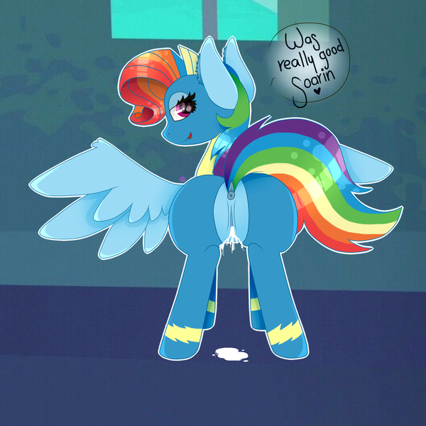 Size: 2000x2000 | Tagged: explicit, artist:kathepart, derpibooru import, rainbow dash, soarin', g4, anus, clothes, cum, dialogue, female, image, implied shipping, implied soarindash, implied straight, male, nudity, png, shipping, soarindash, solo, solo female, spread wings, straight, uniform, vagina, wings, wonderbolts uniform