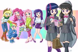 Size: 1234x834 | Tagged: safe, artist:uotapo, color edit, derpibooru import, edit, editor:overlord 2, angel bunny, applejack, fluttershy, octavia melody, pinkie pie, rainbow dash, rarity, sci-twi, twilight sparkle, twilight sparkle (alicorn), alicorn, human, pony, rabbit, equestria girls, g4, animal, colored, comic book, female, human coloration, humane five, humane six, image, jpeg, light skin, skin color edit