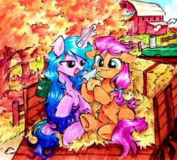 Size: 2048x1849 | Tagged: safe, artist:liaaqila, derpibooru import, izzy moonbow, sunny starscout, earth pony, pony, unicorn, g5, braid, duo, duo female, eating, female, glow, glowing horn, hay bale, horn, image, jpeg, lesbian, levitation, magic, magic aura, mare, napkin, outdoors, ship:moonscout, shipping, sitting, tail, telekinesis, tree, underhoof