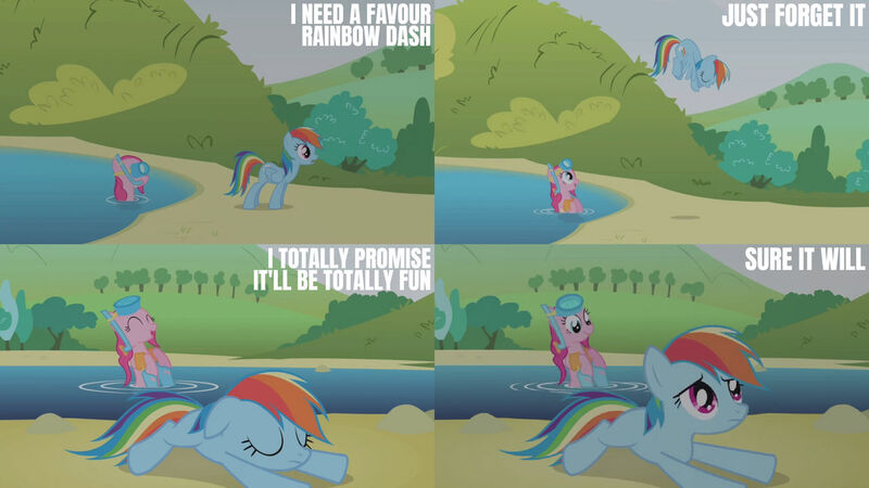 Size: 1280x720 | Tagged: safe, derpibooru import, edit, edited screencap, editor:quoterific, screencap, pinkie pie, rainbow dash, earth pony, pegasus, pony, g4, griffon the brush off, season 1, dialogue, female, image, jpeg, mare, snorkel, water