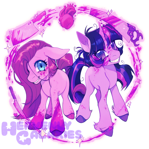 Size: 2000x2000 | Tagged: semi-grimdark, artist:heavenlygalaxies, derpibooru import, pinkie pie, twilight sparkle, earth pony, pony, unicorn, blood, cleaver, duo, duo female, female, heart (organ), horn, image, knife, mare, organs, pinkamena diane pie, png, saw, smiling, syringe