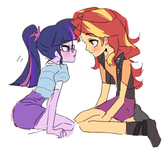 Size: 1056x951 | Tagged: safe, artist:wooodd_, derpibooru import, sunset shimmer, twilight sparkle, human, equestria girls, g4, duo, duo female, female, humanized, image, jpeg, lesbian, looking at each other, looking at someone, shipping, simple background, sunsetsparkle, white background