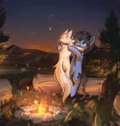 Size: 2500x2622 | Tagged: safe, artist:mirroredsea, derpibooru import, oc, oc:kolo (koloml), arctic fox, fox, pony, unicorn, 2024, black mane, blue fur, campfire, clothes, collar, commission, digital art, evening, feral, grass, horn, image, log, male, necktie, outdoors, png, sitting, stallion, teal eyes, tree, white fur