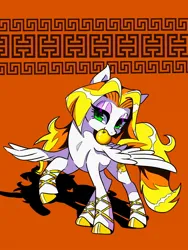 Size: 1200x1600 | Tagged: safe, artist:stacy_165cut, derpibooru import, oc, oc:golden apple (stacy165cut), unofficial characters only, pegasus, pony, abstract background, eyeshadow, female, golden apple, image, jpeg, makeup, mare, mouth hold, purple eyeshadow, screentone, shiny hooves, solo, spread wings, wings