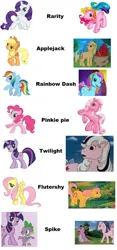 Size: 610x1309 | Tagged: artist needed, safe, derpibooru import, edit, screencap, applejack, applejack (g1), cotton candy (g1), fluttershy, pinkie pie, pinkie pie (g3), posey, rainbow dash, rainbow dash (g3), rarity, rarity (g3), spike, spike (g1), twilight (g1), twilight sparkle, bird, dragon, earth pony, pegasus, pony, unicorn, g1, g3, g4, my little pony 'n friends, rescue at midnight castle, the runaway rainbow, apple, apple tree, artwork, bipedal, bird on head, bow, cloud, comparison, duo, duo male and female, female, food, g1 to g4, g3 to g4, garden, generation leap, happy, horn, image, jpeg, looking at you, looking up, male, mountain, offscreen character, open mouth, open smile, pinterest, raised hoof, raised leg, shy, simple background, sky, smiling, smiling at you, solo, spread wings, standing, surprised, tail, tail bow, tree, trio, walking, white background, wings