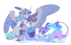 Size: 2646x1679 | Tagged: safe, artist:glorymoon, derpibooru import, oc, oc:prince plushy soft, oc:stell, alicorn, unicorn, cute, feather, fluffy, gay, horn, image, male, pillow, png, soft, wings