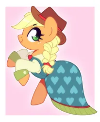 Size: 1400x1700 | Tagged: safe, artist:vivian reed, derpibooru import, applejack, earth pony, pony, g4, clothes, dress, female, heart, heart eyes, image, jpeg, mare, no pupils, passepartout, pink background, rearing, signature, simple background, solo, wingding eyes