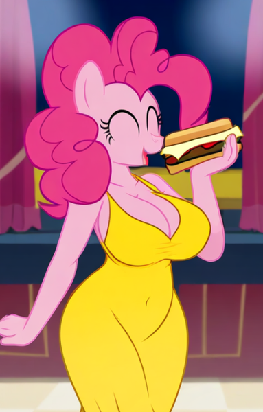 Size: 518x812 | Tagged: safe, ai content, derpibooru import, machine learning generated, novelai, stable diffusion, cheese sandwich, pinkie pie, anthro, earth pony, g4, big breasts, blushing, breasts, clothes, dress, duo, evening dress, female, image, indoors, lowres, male, png, prompter:genderface, shipping, smiling, straight