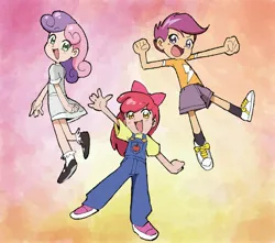 Size: 3418x3022 | Tagged: safe, artist:curetortellini, derpibooru import, apple bloom, scootaloo, sweetie belle, human, :d, boots, clothes, cutie mark crusaders, dress, full body, gradient background, humanized, image, jpeg, looking at you, multicolored background, open mouth, open smile, overalls, shirt, shoes, shorts, smiling, sneakers, socks, t-shirt