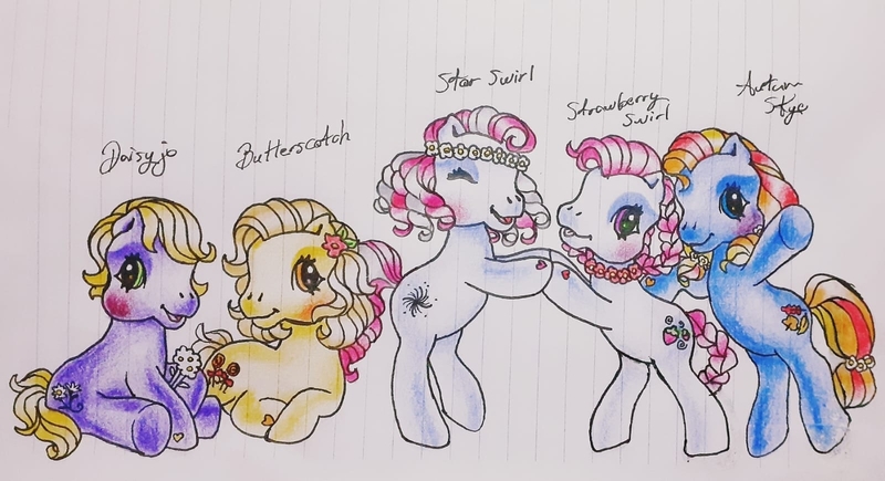 Size: 1600x870 | Tagged: safe, artist:chatotpaint, derpibooru import, autumn skye, butterscotch (g3), daisyjo, strawberry swirl, earth pony, pony, g3, alternate hairstyle, braid, braided tail, floral head wreath, flower, headband, holding hooves, image, jpeg, lined paper, look-alike, new hairstyle, ringlets, short hair, short mane, sitting, star swirl (g3), tail