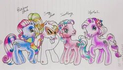 Size: 3417x1947 | Tagged: safe, artist:chatotpaint, derpibooru import, rainbow dash (g3), sunny daze (g3), sweet pop, sweetberry, wysteria, earth pony, pony, g3, alternate hairstyle, bow, braid, braided tail, clothes, cute, flower, flower in hair, g3.5, hair bow, image, jpeg, lined paper, multicolored eyes, new hairstyle, pixie cut, ponytail, ponytail rainbow dash, rainbow dash always dresses in style, scarf, short hair, short mane, sunglasses, sweetbetes, tail, traditional art, wisteria, wysteriadorable