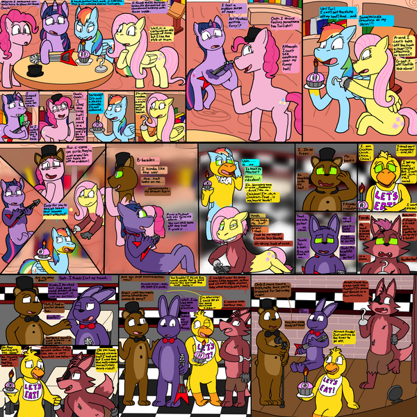 Size: 1920x1920 | Tagged: safe, artist:slywolf136, derpibooru import, fluttershy, pinkie pie, rainbow dash, twilight sparkle, bear, bird, chicken, earth pony, fox, pegasus, pony, rabbit, unicorn, g4, animal, animatronic, bonnie (fnaf), book, bowtie, character to character, checkered floor, chica, comic, commission, crossover, cupcake, female, female to male, five nights at freddy's, food, foxy, freddy fazbear, golden oaks library, group, guitar, hat, hook, horn, image, library, mare, microphone, mind control, musical instrument, necktie, pizzeria, png, reality shift, rule 63, speech bubble, stage, transformation, transgender transformation, unicorn twilight