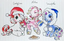 Size: 1280x813 | Tagged: safe, artist:chatotpaint, derpibooru import, candy cane (g3), snowflake (g3), earth pony, pony, g3, alternate hairstyle, blushing, candy, candy cane, chocolate, christmas, clothes, cookie, curly mane, eating, food, hair over one eye, happy, hat, holding cup, holiday, hot chocolate, image, jpeg, lined paper, mittens (g3), mug, new hairstyle, santa hat, scarf, short hair, short mane, socks, traditional art, wavy mane, winter