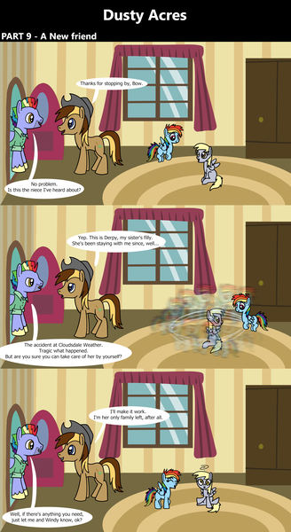 Size: 1920x3516 | Tagged: safe, artist:platinumdrop, derpibooru import, bow hothoof, derpy hooves, rainbow dash, oc, oc:dusty hooves, 3 panel comic, comic, commission, dialogue, flying, image, laughing, motion blur, png, sad, serious, serious face, sitting, smiling, speech bubble, standing, talking