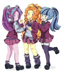 Size: 1198x1385 | Tagged: safe, artist:dbzrz, derpibooru import, adagio dazzle, aria blaze, sonata dusk, human, equestria girls, g4, :d, :o, bowtie, clothes, collared shirt, fangs, gem, hair ornament, image, jacket, jewelry, kneesocks, long sleeves, loose socks, necklace, necktie, open mouth, open smile, pleated skirt, png, scrunchie, shirt, shoes, simple background, skirt, smiling, socks, spiked headband, standing, stars, sweat, sweatdrop, the dazzlings, thigh highs, white background