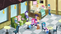 Size: 1280x720 | Tagged: safe, derpibooru import, screencap, applejack, carrot cake, cup cake, fluttershy, pinkie pie, rainbow dash, rarity, spike, twilight sparkle, vinyl scratch, dog, human, equestria girls, g4, applejack's hat, boots, cafe, chair, clothes, couch, cowboy boots, cowboy hat, hat, image, mane six, my little pony equestria girls, png, polka dot socks, rainbow socks, shoes, socks, spike the dog, striped socks, table, yelling