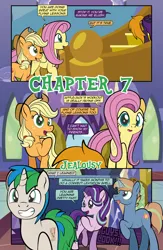 Size: 1920x2948 | Tagged: safe, artist:alexdti, derpibooru import, applejack, fluttershy, starlight glimmer, oc, oc:brainstorm (alexdti), oc:purple creativity, oc:star logic, pony, comic:quest for friendship retold, image, jpeg, magic, tongue out, twilight's castle